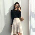 Band-waist Asymmetric-hem Flare Skirt