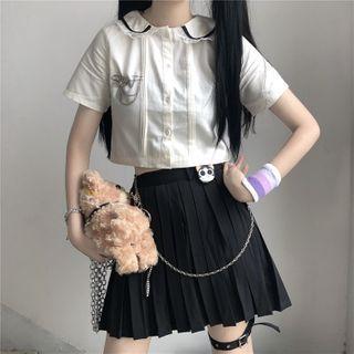 Ruffle Trim Short-sleeve Shirt / Pleated Skirt