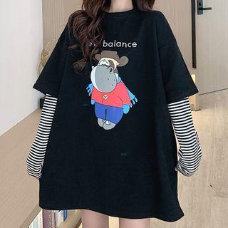 Long-sleeve Mock Two-piece Cow Printed Sweatshirt