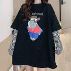 Long-sleeve Mock Two-piece Cow Printed Sweatshirt