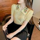 Short-sleeve Collar Floral Embroidered Knit Top