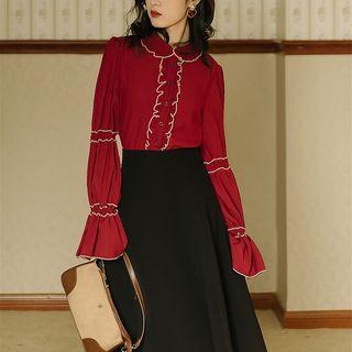 Set: Contrast Trim Bell-sleeve Blouse + A-line Midi Skirt