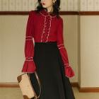 Set: Contrast Trim Bell-sleeve Blouse + A-line Midi Skirt