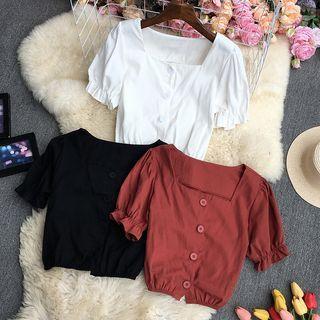Short-sleeve Square Neck Button-up Blouse