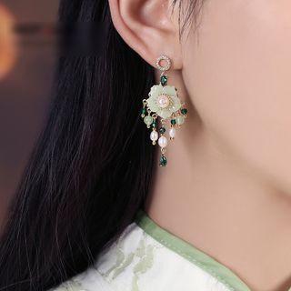 Retro Flower Faux Pearl Fringed Earring 1 Pair - Green & White - One Size