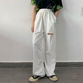 Drawstring Distressed Straight-cut Pants