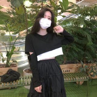Color-block Ripped Long-sleeve Top / High Waist Plain Skirt