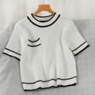 Short-sleeve Contrast Lining Knit Top White - One Size