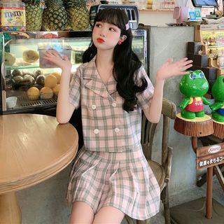 Set: Short-sleeve Double Breasted Plaid Top + Skirt