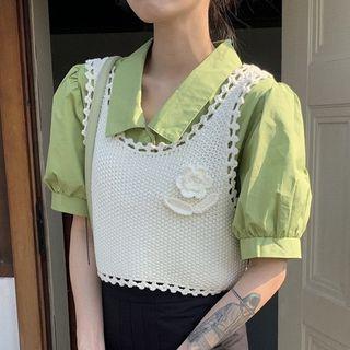 Puff-sleeve Plain Blouse / Cropped Vest