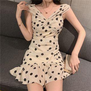 Dotted V-neck Chiffon Dress As Shown In Figure - One Size