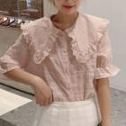 Short-sleeve Wide Collar Lace Trim Blouse
