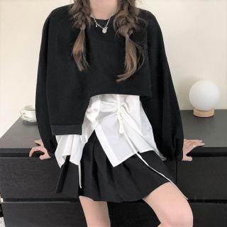 Drawstring Shirt / Cropped Sweatshirt / Pleated Mini A-line Skirt / Set