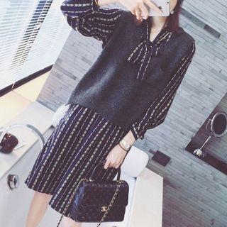 Set: Long-sleeve Patterned A-line Dress + Knit Vest
