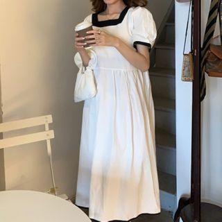 Contrast Trim Short-sleeve Midi Shift Dress White - One Size