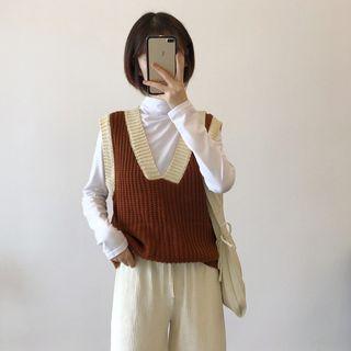 Plain Long-sleeve T-shirt / Contrast Trim Knit Vest / Cropped Wide-leg Pants