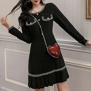 Long-sleeve Contrast Trim Ruffled Dress