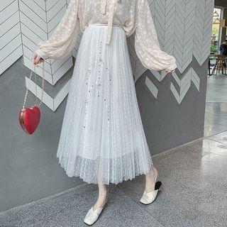 Sequined Mesh Pleated Midi Skirt