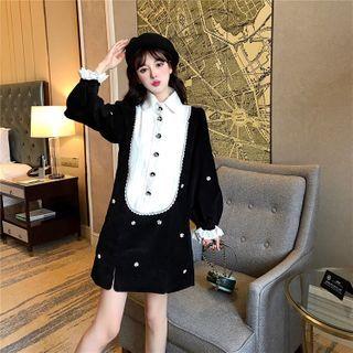 Faux Pearl Two-tone Long-sleeve Collared Dress