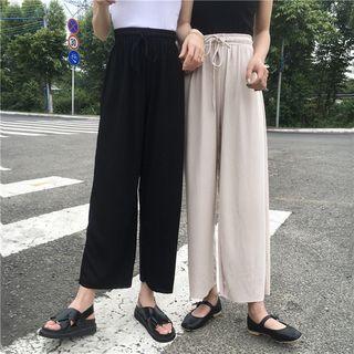 Plain Loose-fit Chiffon Cropped Straight Pants