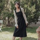 Puff-sleeve Paneled Square-neck A-line Dress