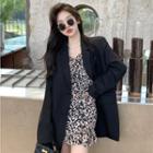 Plain Blazer / Puff-sleeve Leopard Print Mini A-line Dress