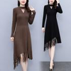 Fringed Trim Knit Midi A-line Dress