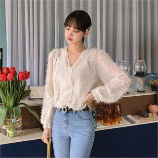 V-neck Fringed Sheer Blouse