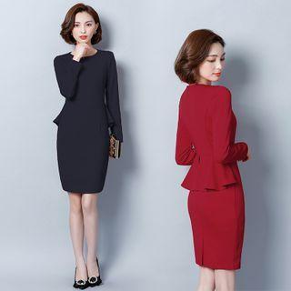 Ruffled Long-sleeve Mini Sheath Knit Dress