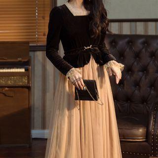 Long-sleeve Velvet Panel Mesh Midi A-line Dress