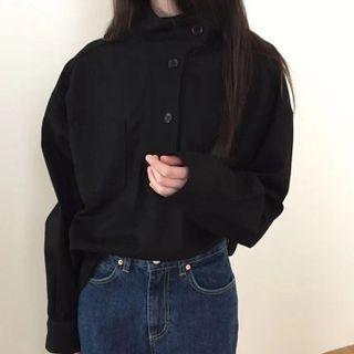 Long-sleeve Band Collar Plain Loose Fit Shirt