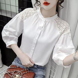 Cutout Stand-collar 3/4-sleeve Shirt
