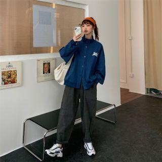 Mock-neck Embroider Letter Long-sleeve Jacket / High Waist Wide Leg Pants