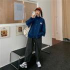 Mock-neck Embroider Letter Long-sleeve Jacket / High Waist Wide Leg Pants