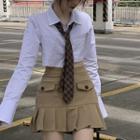 Tie-neck Crop Shirt / Pleated Mini A-line Skirt