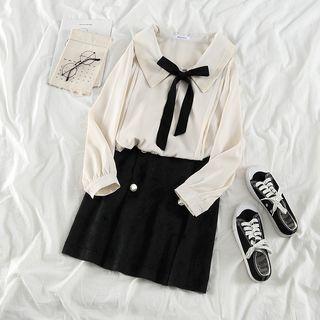 Bow-accent Long-sleeve Blouse / Corduroy Skirt
