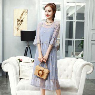 Set: Star Embroidered Elbow Sleeve Mesh Dress + Slipdress