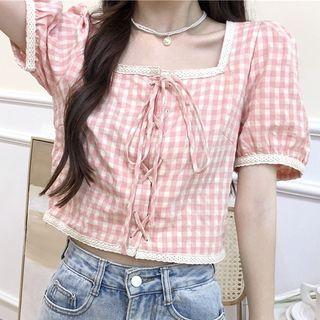 Short-sleeve Plaid Lace-up Blouse