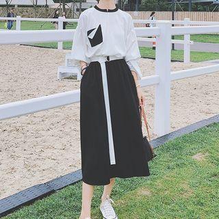 Bubble Sleeve Drop Shoulder Two Tone Midi A-line Dress