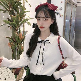 Lace Trim Collared Long-sleeve Blouse