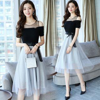 Mock Two-piece Mesh Panel Cold Shoulder A-line Dress