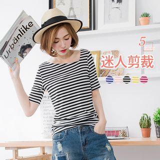 Striped Asymmetrical Neck Short Sleeve T-shirt