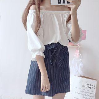 Off-shoulder Elbow-sleeve Top / Striped A-line Skirt / Set