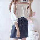 Off-shoulder Elbow-sleeve Top / Striped A-line Skirt / Set
