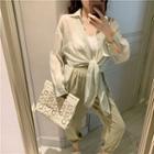 Plain Single-breasted Long-sleeve Light Blouse / Plain Tank Top / Chiffon High-waist Harem Pants