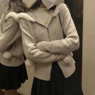 Pom Pom Hooded Zip-up Cardigan