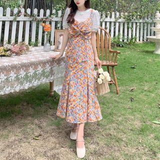 Puff-sleeve Lace Top / Floral Print Midi A-line Overall Dress