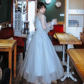 Bell-sleeve Maxi A-line Mesh Dress