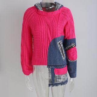 Hooded Denim Panel Sweater