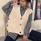 Plaid Sailor Collar Shirt / Pocketed Knitted Vest